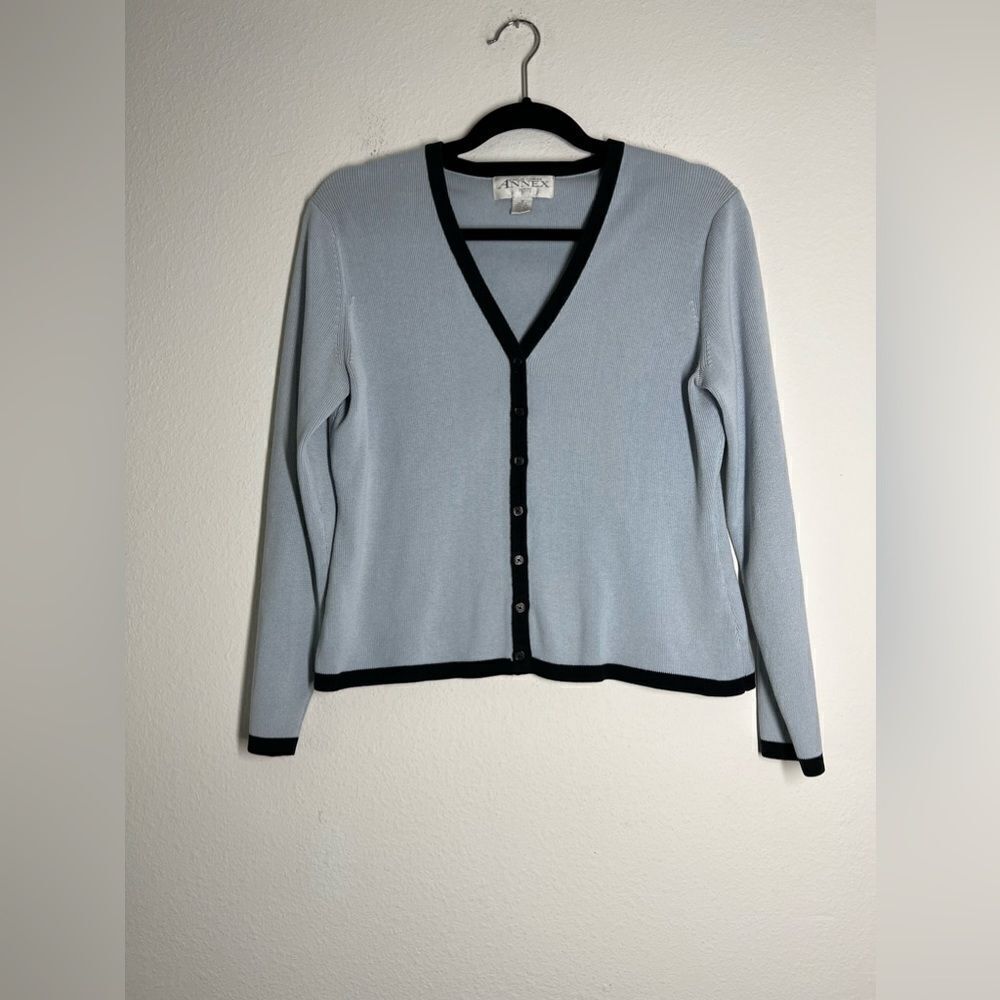 Annex Minimalist Contrast Trim Cardigan Petite Size M Blue